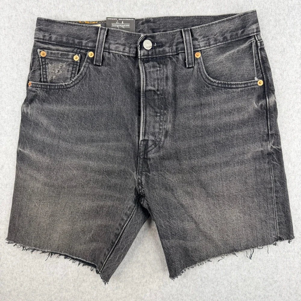 Levis Premium 501 Original Mens Shorts Washed Black Grey Raw Hem Denim W30 L7